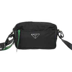 Prada logo black shoulder triangle bag green studs